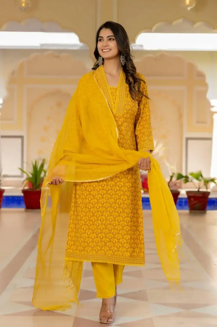 Yellow floral printed regular kurta with palazzos dupatta