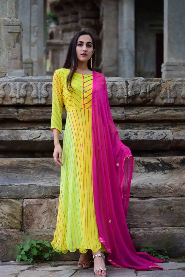 Yellow leheriya anarkali with magenta dupatta