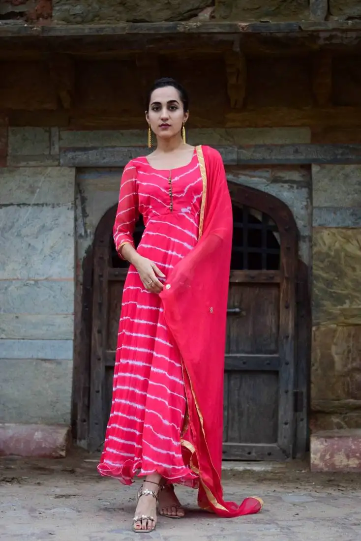Crimson red leheriya anarkali dress with matching dupatta