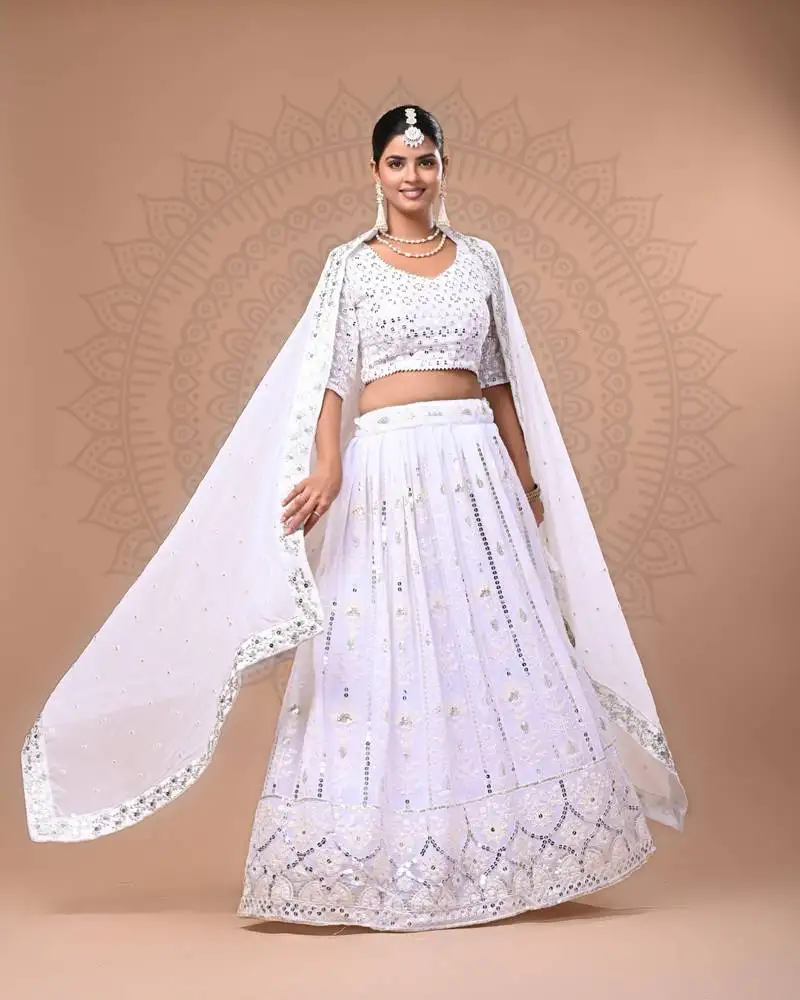 white georgette lehenga set with thread and sequin embroidery