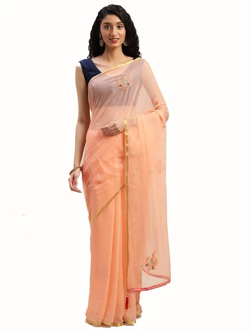Peach gota patti hand embroidered chiffon sustainable saree