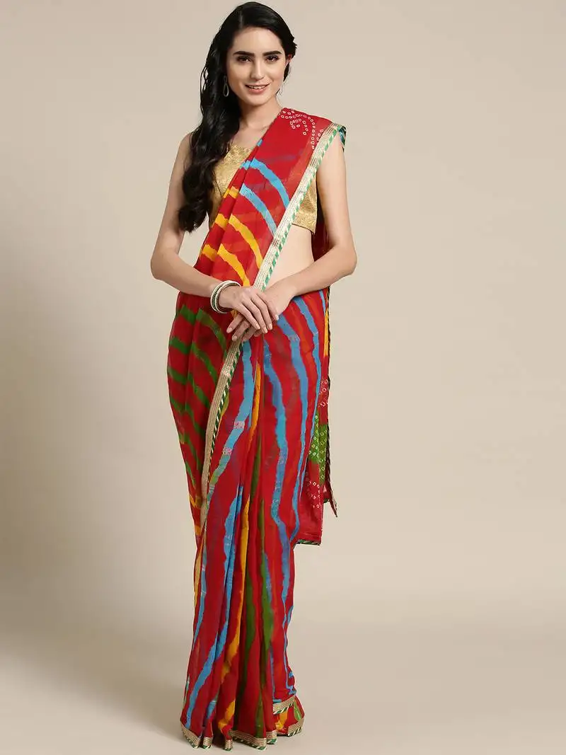 Hand dyed red bandhani chiffon sustainable saree