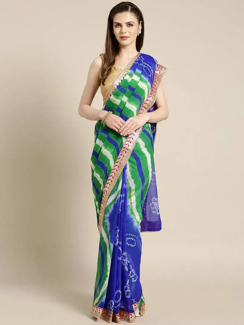Hand dyed blue & green bandhani chiffon sustainable saree