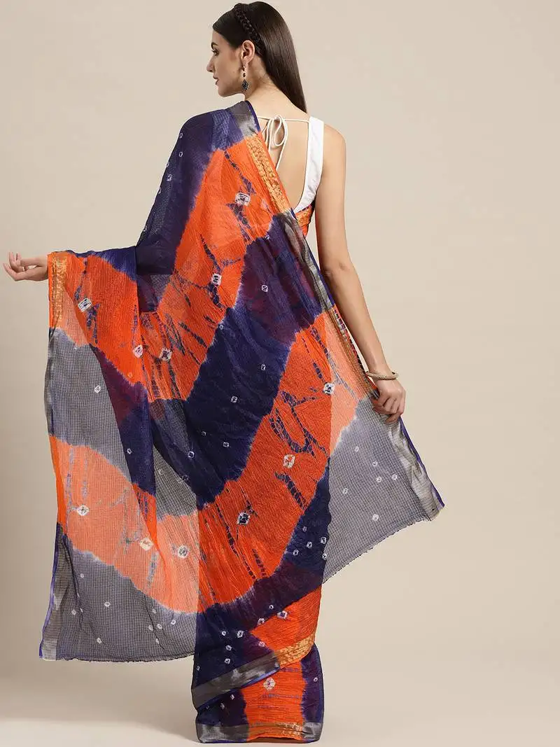 Hand dyed orange & navy blue bandhani kota doria sustainable saree