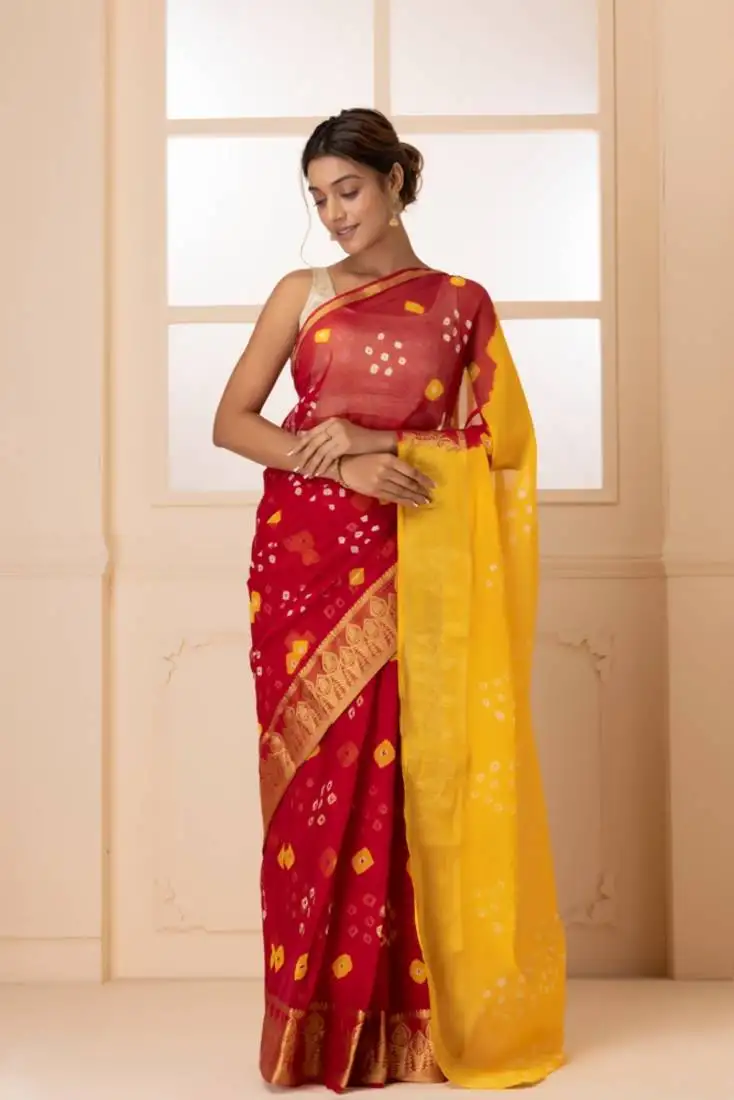 Yellow & red zari bandhani saree