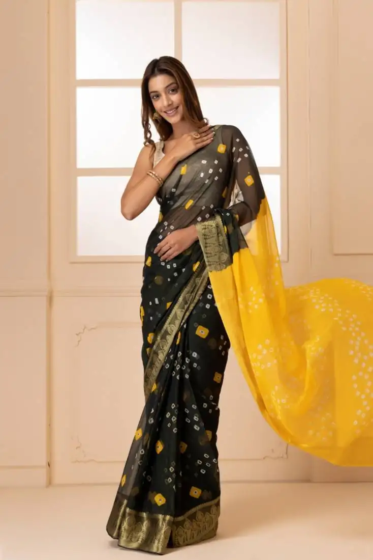 Yellow & black bandhani zari bandhani saree