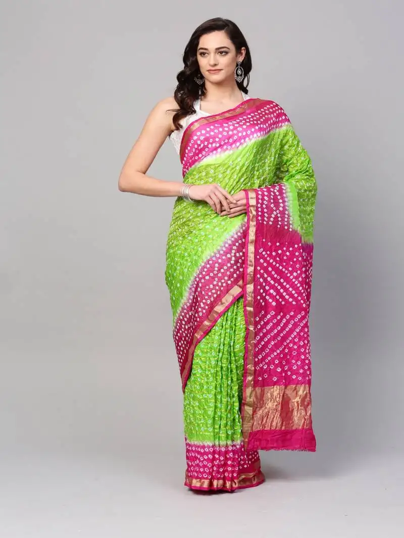 Hand dyed green & pink bandhani silk sustainable saree