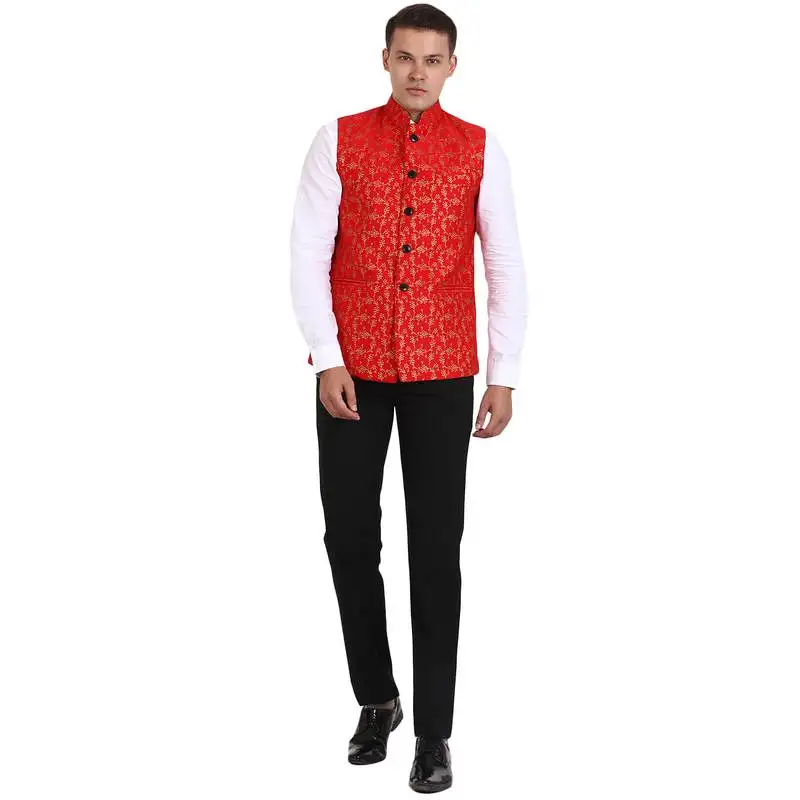 Red banarasi print nehru jacket