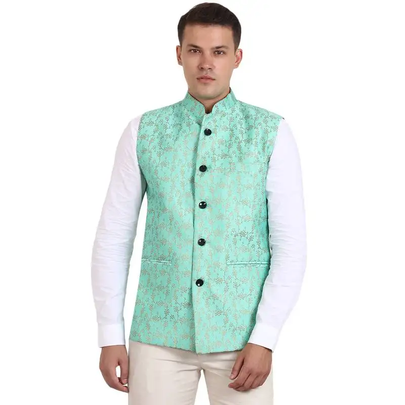 Green banarasi print nehru jacket