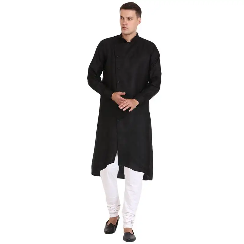 Men's zig zag black cotton long kurta