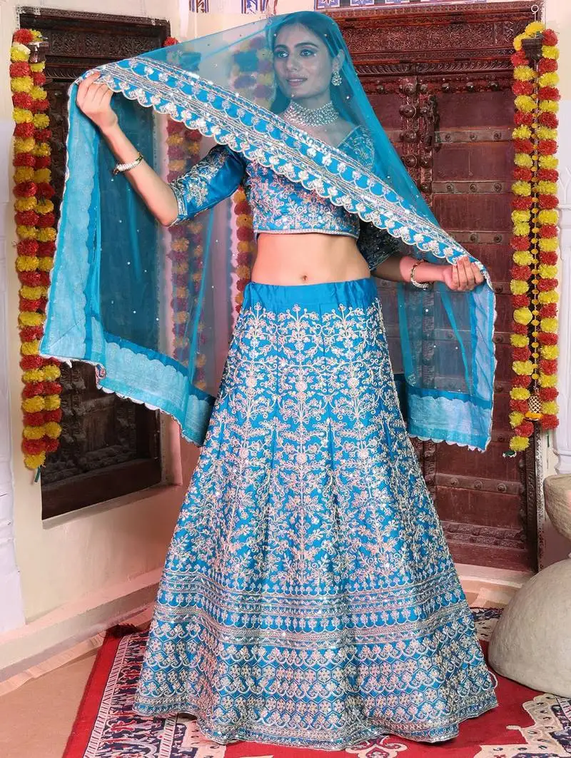 Blue zari dori and sequins embroidered japan satin semi stitched lehenga choli for wedding