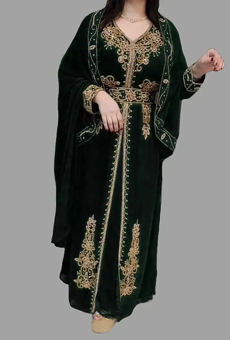 Black color luxurious handmade moroccan kaftan with embroidered zari work hijab