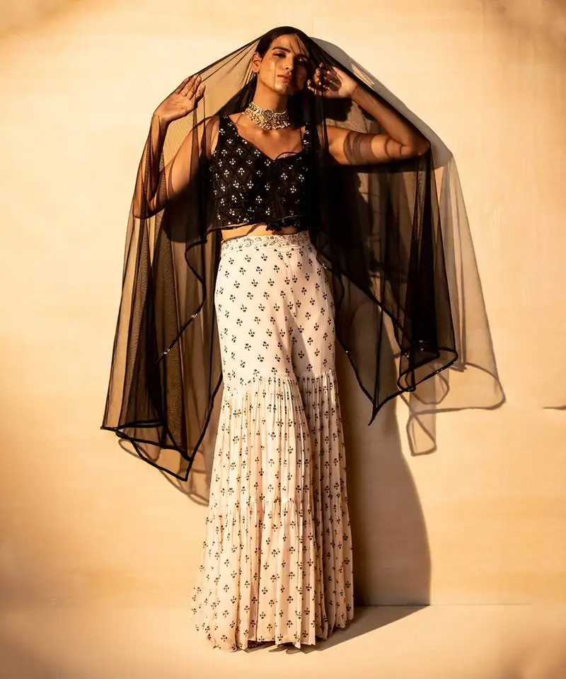 Black and off white sharara set