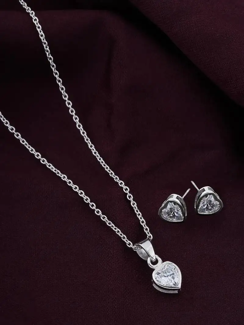 925 sterling silver rhodium plated heart diamond pendant chain with earring set