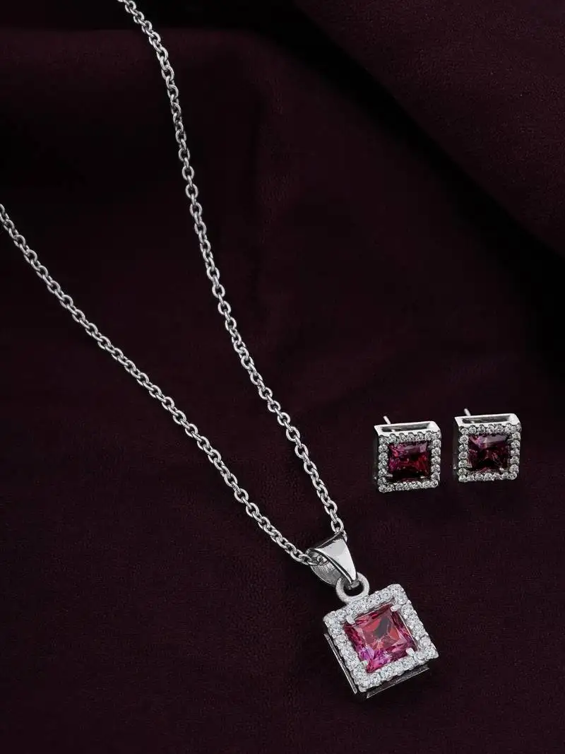 925 sterling silver red ruby with cz studded pendant chain with earring set