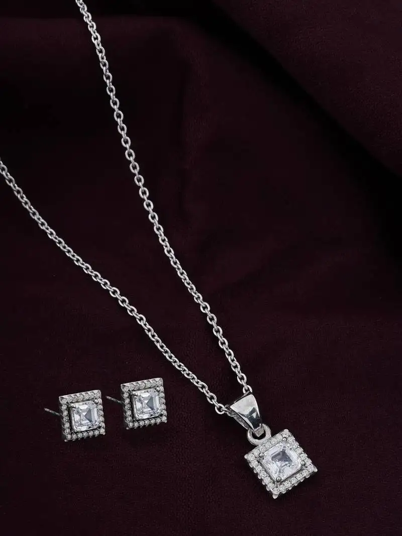 925 sterling silver white radiant diamond with cz studded pendant chain with earring set
