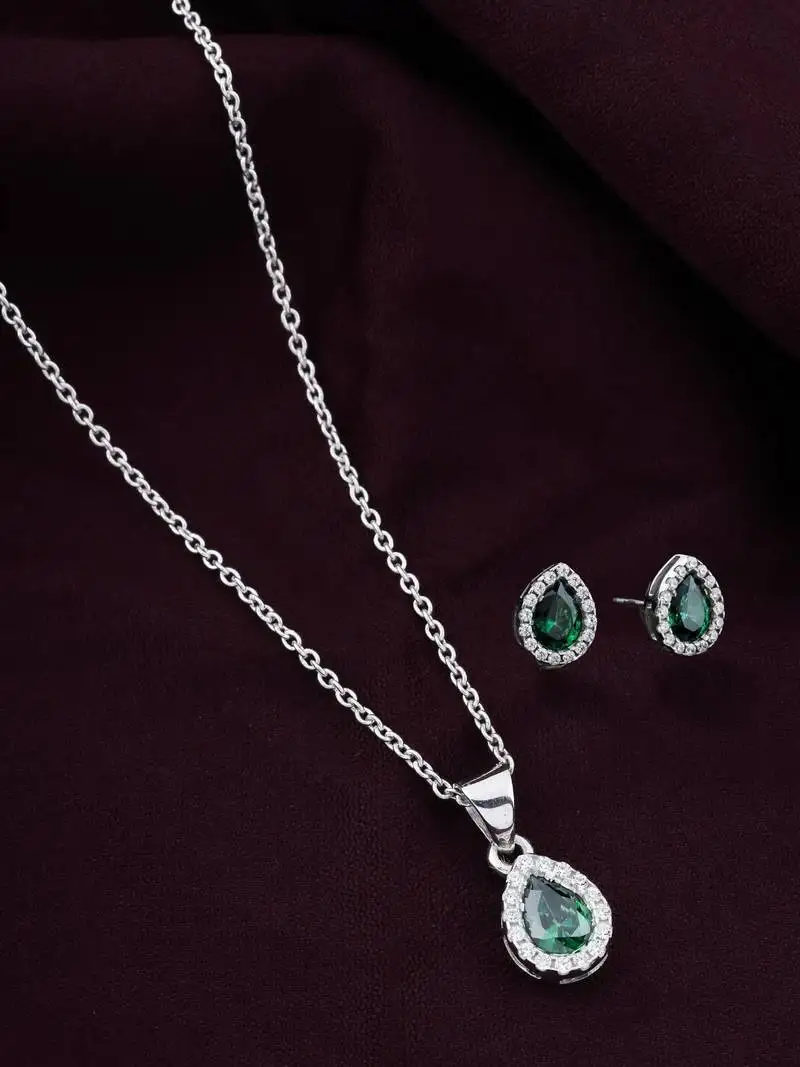 925 sterling silver rhodium plated green pear pendant chain with earring set