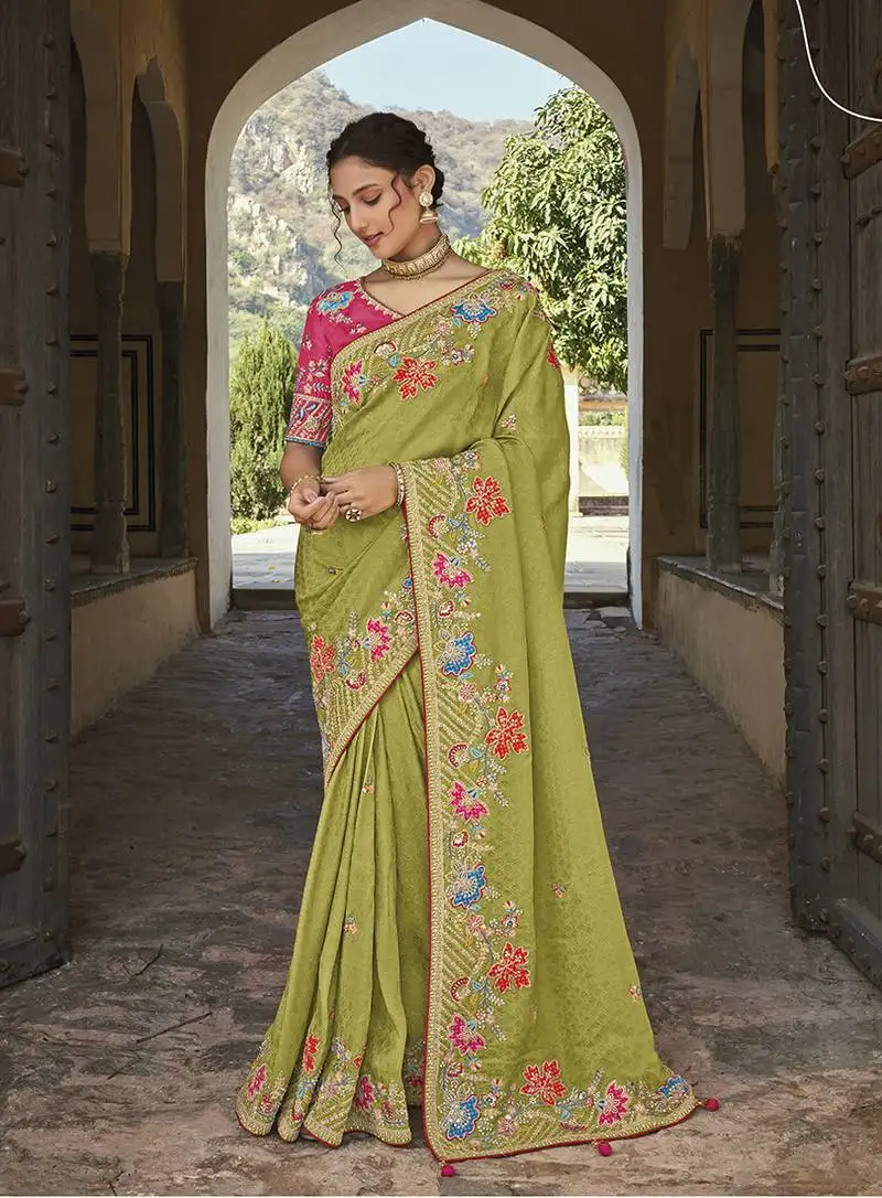 Parrot green embroidered silk blend designer saree with unstiched blouse
