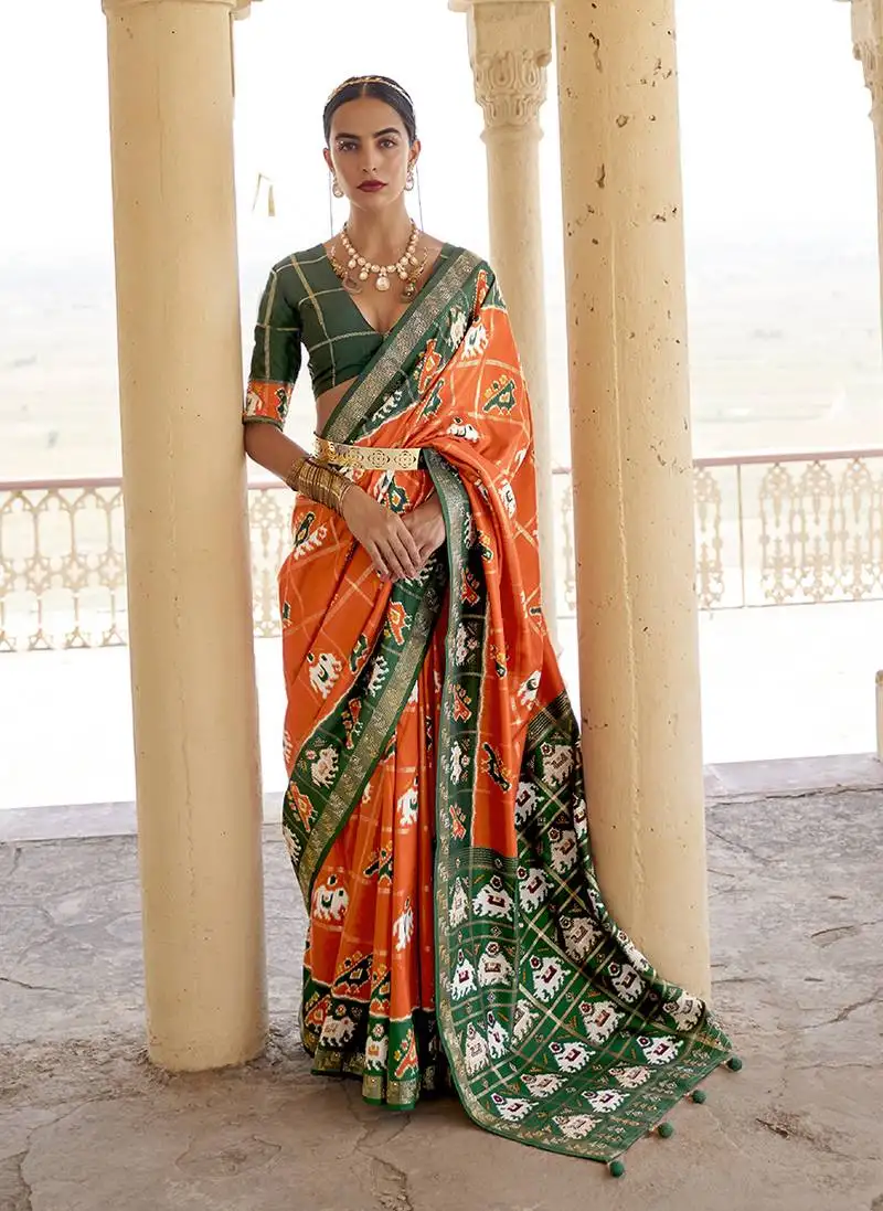 Orange woven patola silk blend classic saree with unstiched blouse