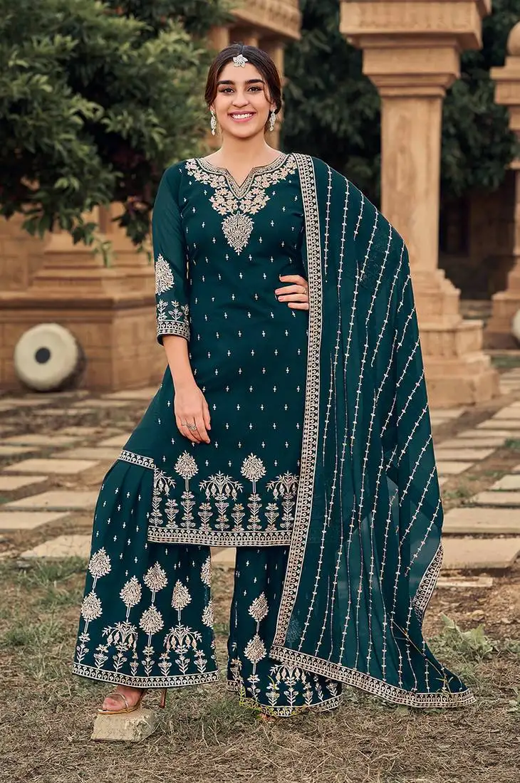 Teal color embroidered georgette semi stiched salwar kameez semi stitched