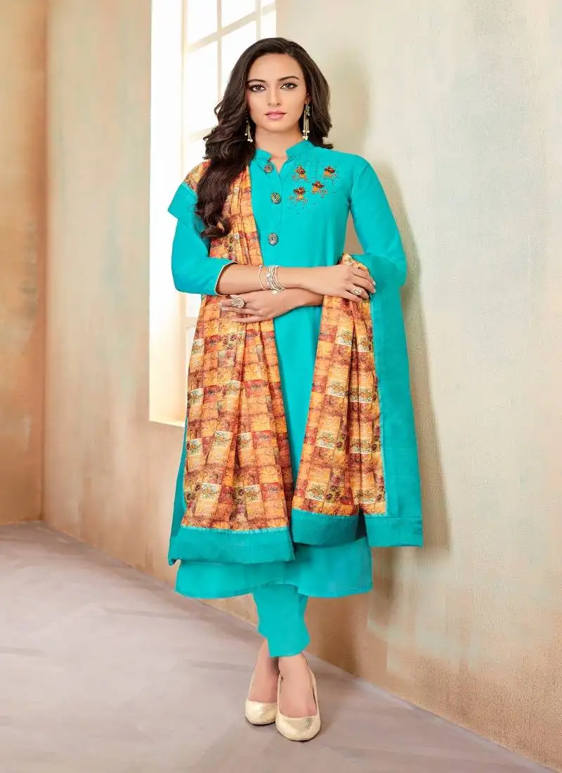 Sky blue fancy cotton semi stiched salwar kameez stitched