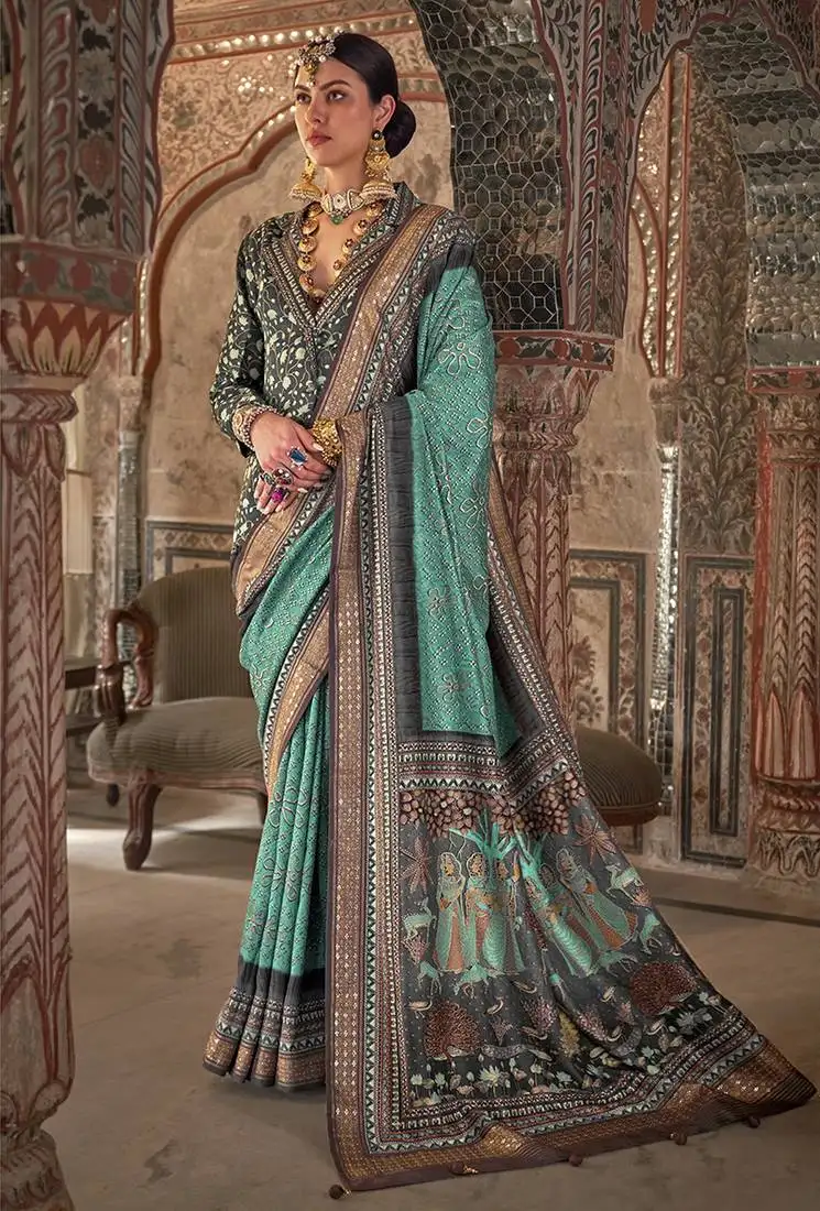 Aqua blue printed viscose silk designer saree