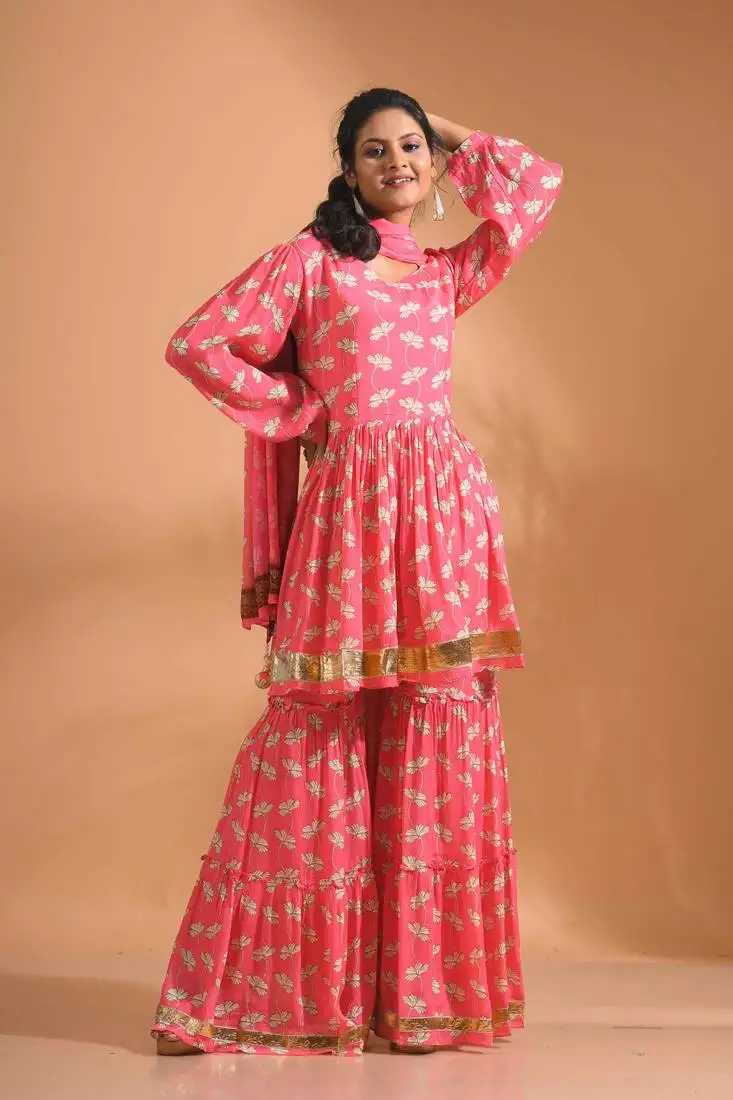 Yellow pinted kurta and palazzo with dupatta set stitched