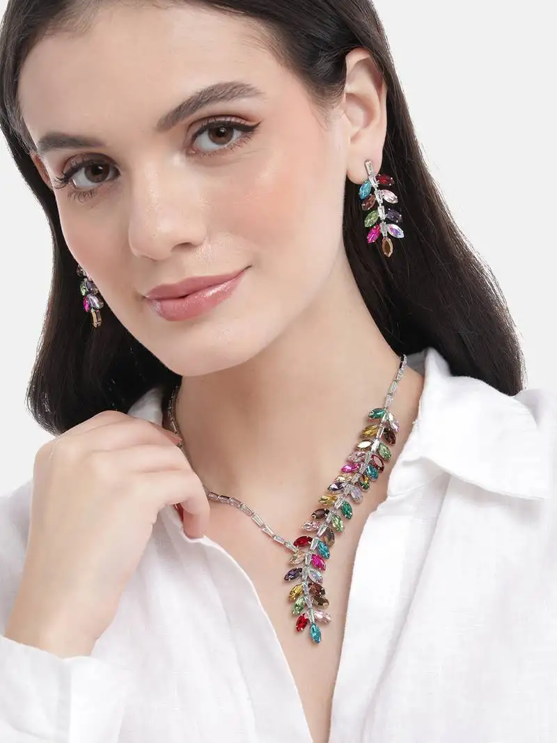 Rhodium plated multi color crystal ad gemstone-studded jewelry set