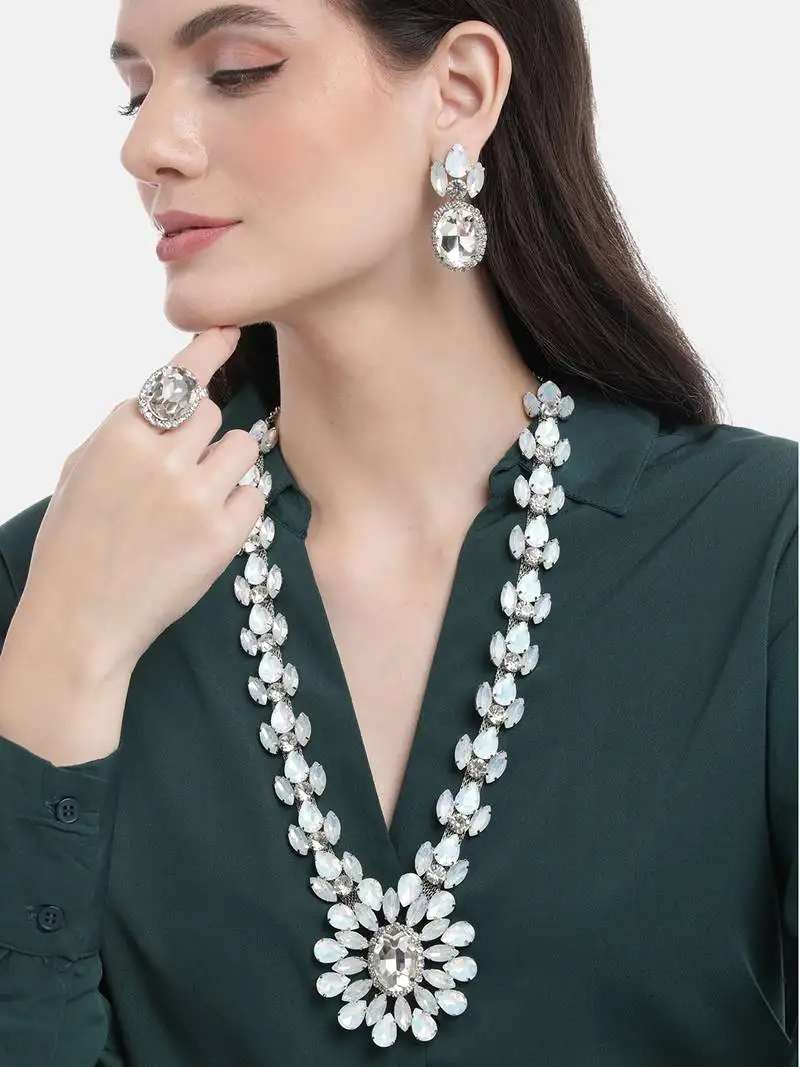 Rhodium plated white color crystal ad gemstone-studded jewelry set with adjustable ring & earrings