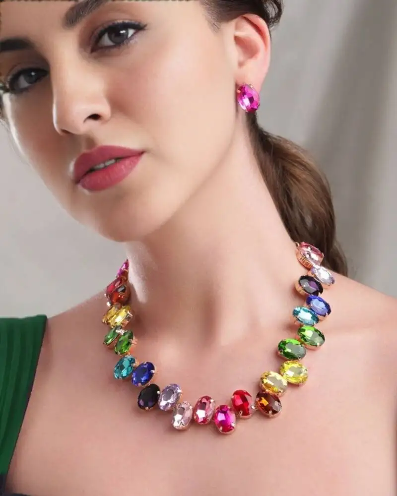 18 k gold plated dark multi color crystal ad gemstone-studded jewelry set