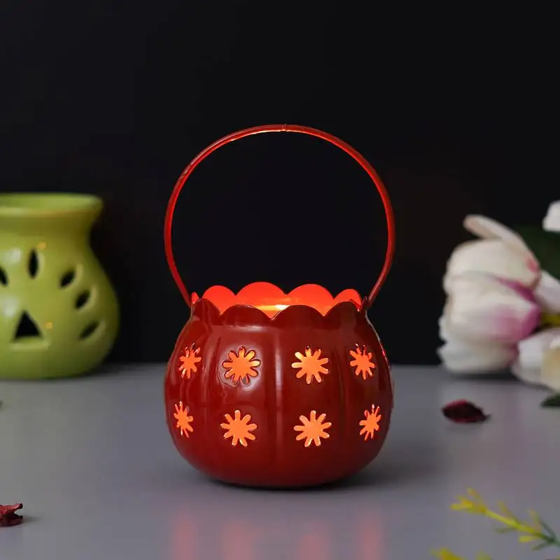 1 red metal cup flowers decorative hanging lanterns tea light candle holder