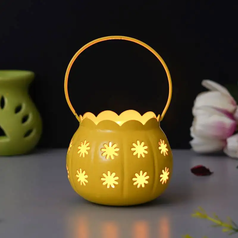 1 yellow metal cup flowers decorative hanging lanterns tea light candle holder