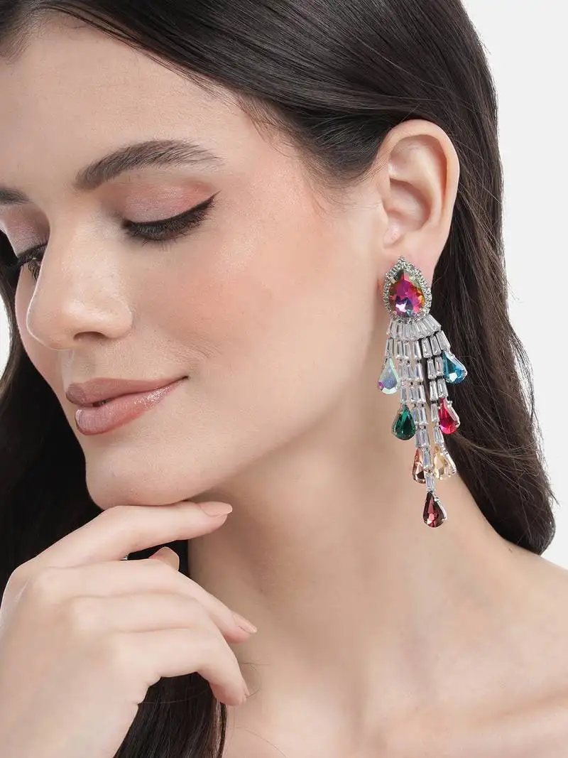 Rhodium plated multi color crystal ad gemstone-studded long earrings