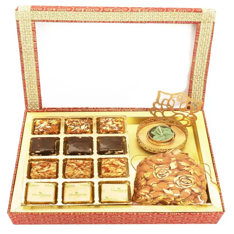 12 pcs assorted bites, shadow ganesha t-lite and almonds pouch hamper box