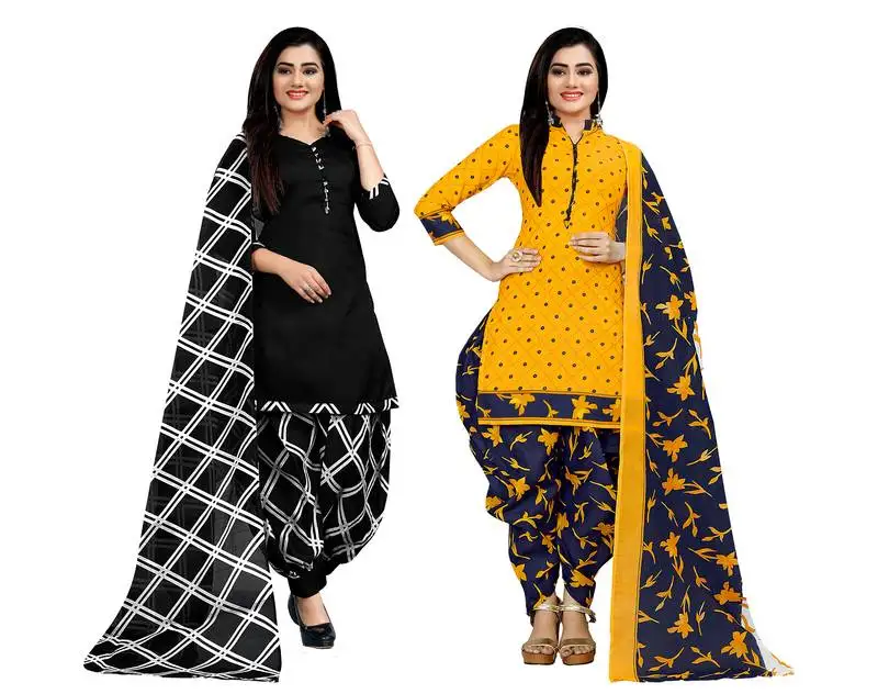 Black & yellow cotton printed unstitched salwar suit material (combo of 2)