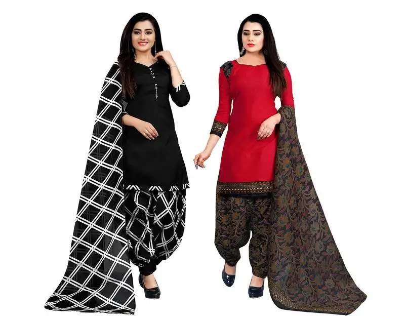 Black & red cotton printed unstitched salwar suit material (combo of 2)