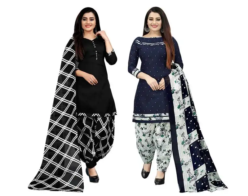 Black and navy blue cotton printed unstitched salwar suit material (combo of 2)