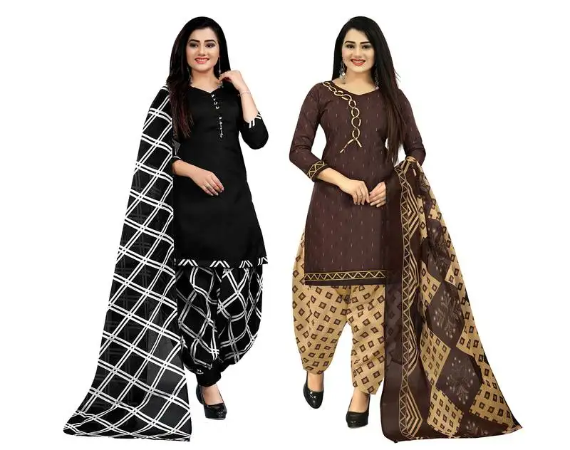 Black and brown cotton printed unstitched salwar suit material (combo of 2)