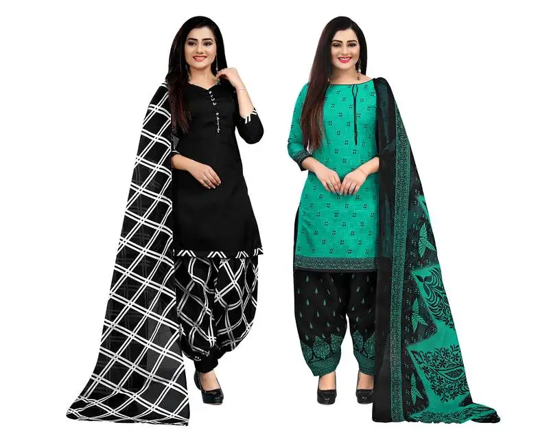 Black and green cotton printed unstitched salwar suit material (combo of 2)