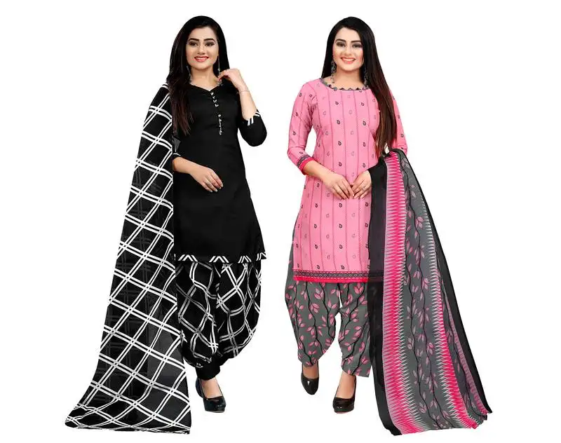 Black and baby pink cotton printed unstitched salwar suit material (combo of 2)