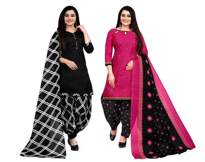 Black & magenta cotton printed unstitched salwar suit material (combo of 2)