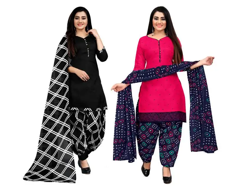 Black and dark pink cotton printed unstitched salwar suit material (combo of 2)
