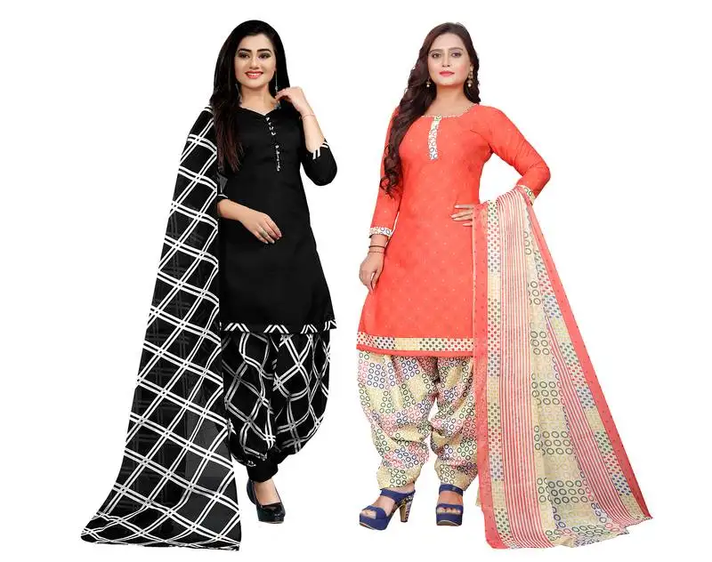 Black & peach cotton printed unstitched salwar suit material (combo of 2)