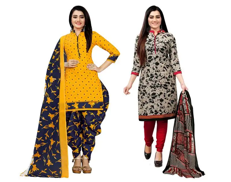 Yellow & beige cotton printed unstitched salwar suit material (combo of 2)