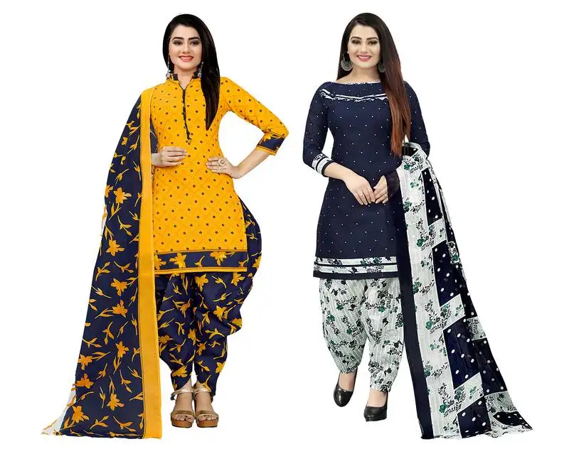 Yellow and navy blue cotton printed unstitched salwar suit material (combo of 2)