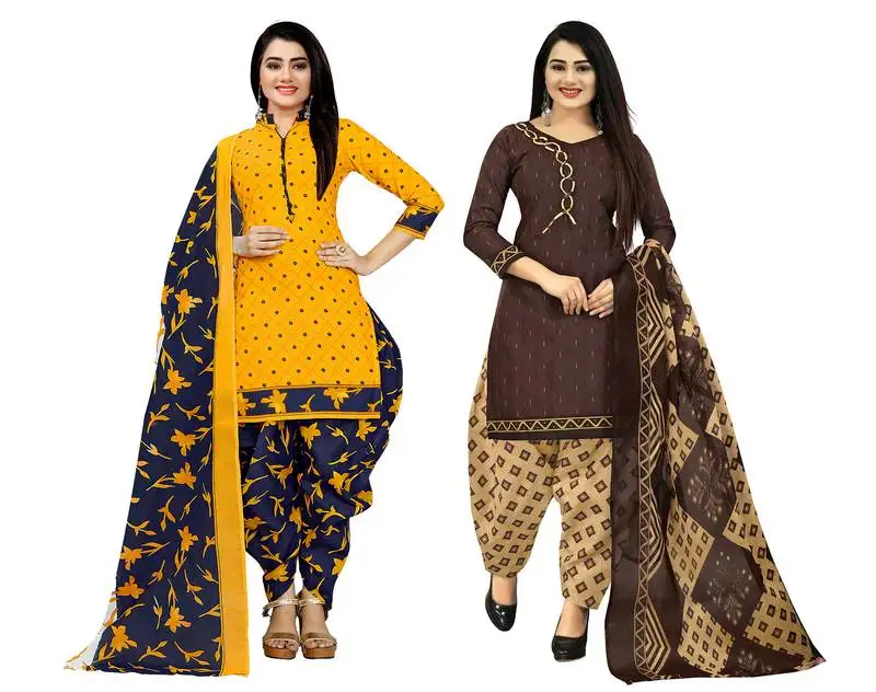 Yellow and brown cotton printed unstitched salwar suit material (combo of 2)