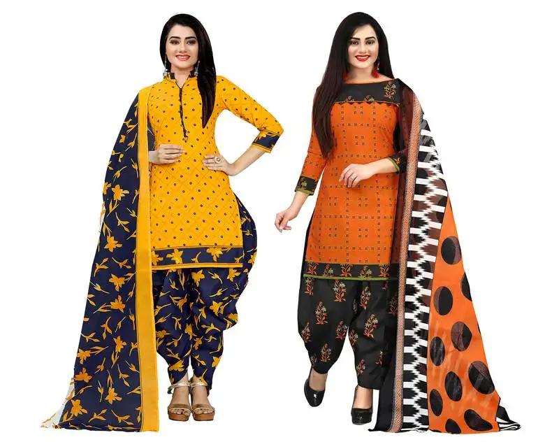 Yellow and orange cotton printed unstitched salwar suit material (combo of 2)