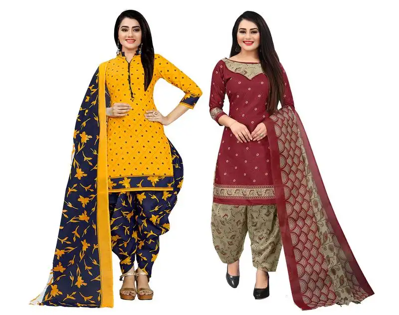 Yellow and red cotton printed unstitched salwar suit material (combo of 2)
