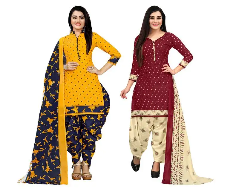 Yellow and maroon cotton printed unstitched salwar suit material (combo of 2)