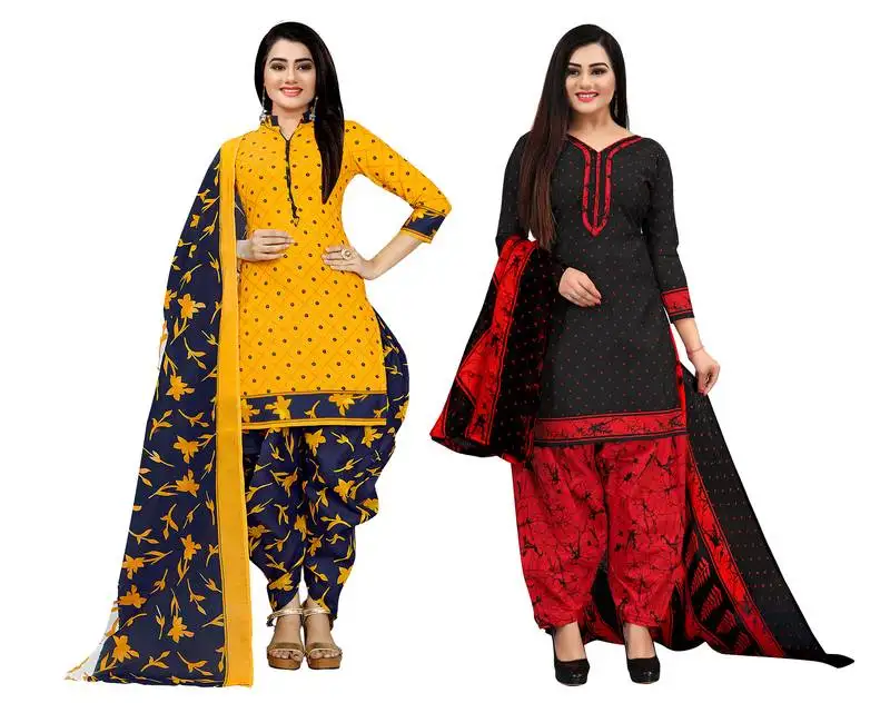 Yellow and black cotton printed unstitched salwar suit material (combo of 2)